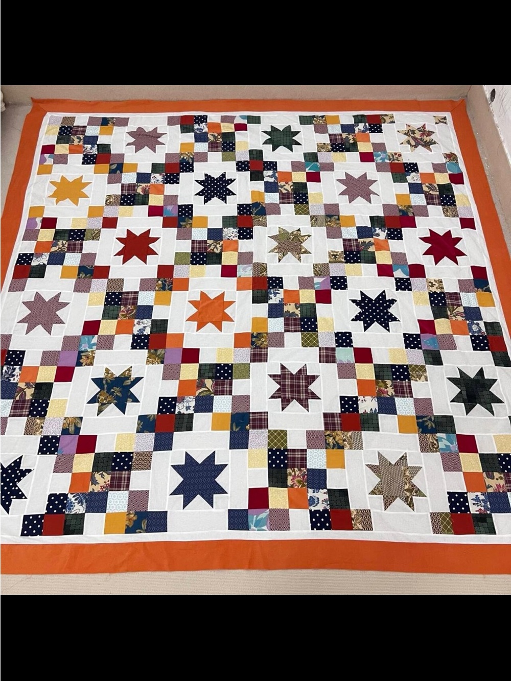 Handmade Star Tiles Patchwork Queen size Cotton Quilt Top/Topper